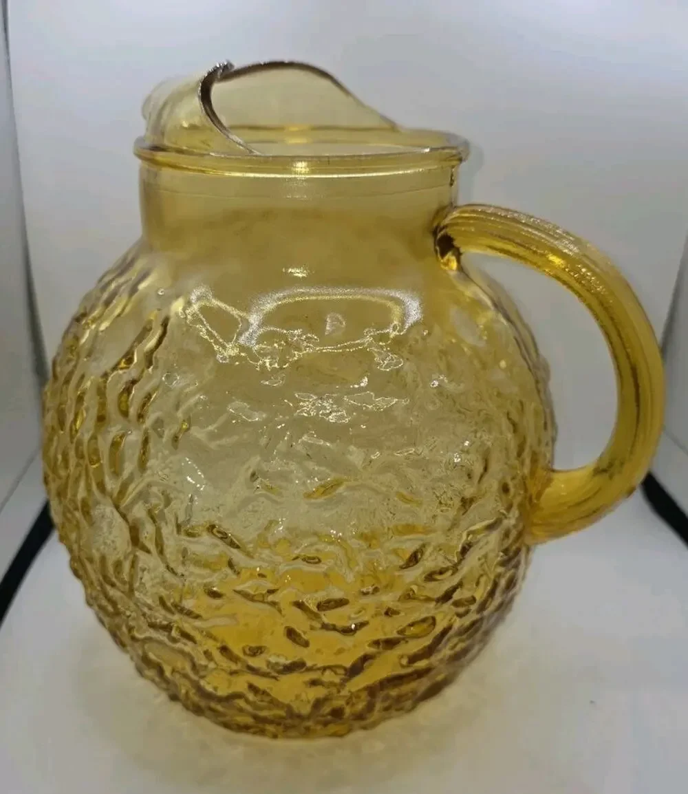 Vintage Anchor Hocking Crinkle Ball Pitcher Lido Milano Amber HoneyCrackle LEAKS